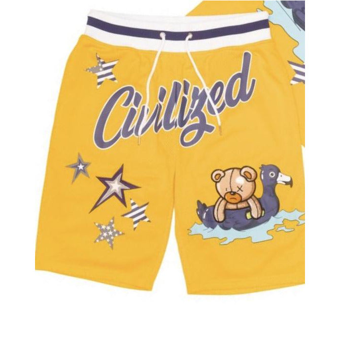 Adorable yellow shorts with a playful bear design, perfect for a stylish and comfortable look for your little one