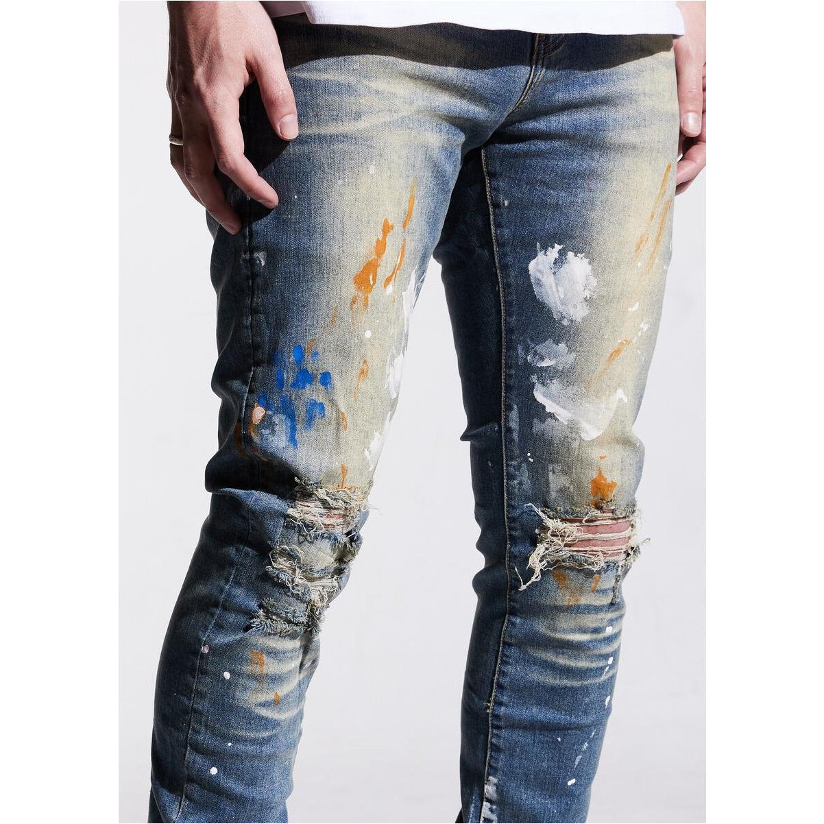 Karter Collection Indigo Denim w/Paint Splatter and Rip at Knee (KARPK-100)
