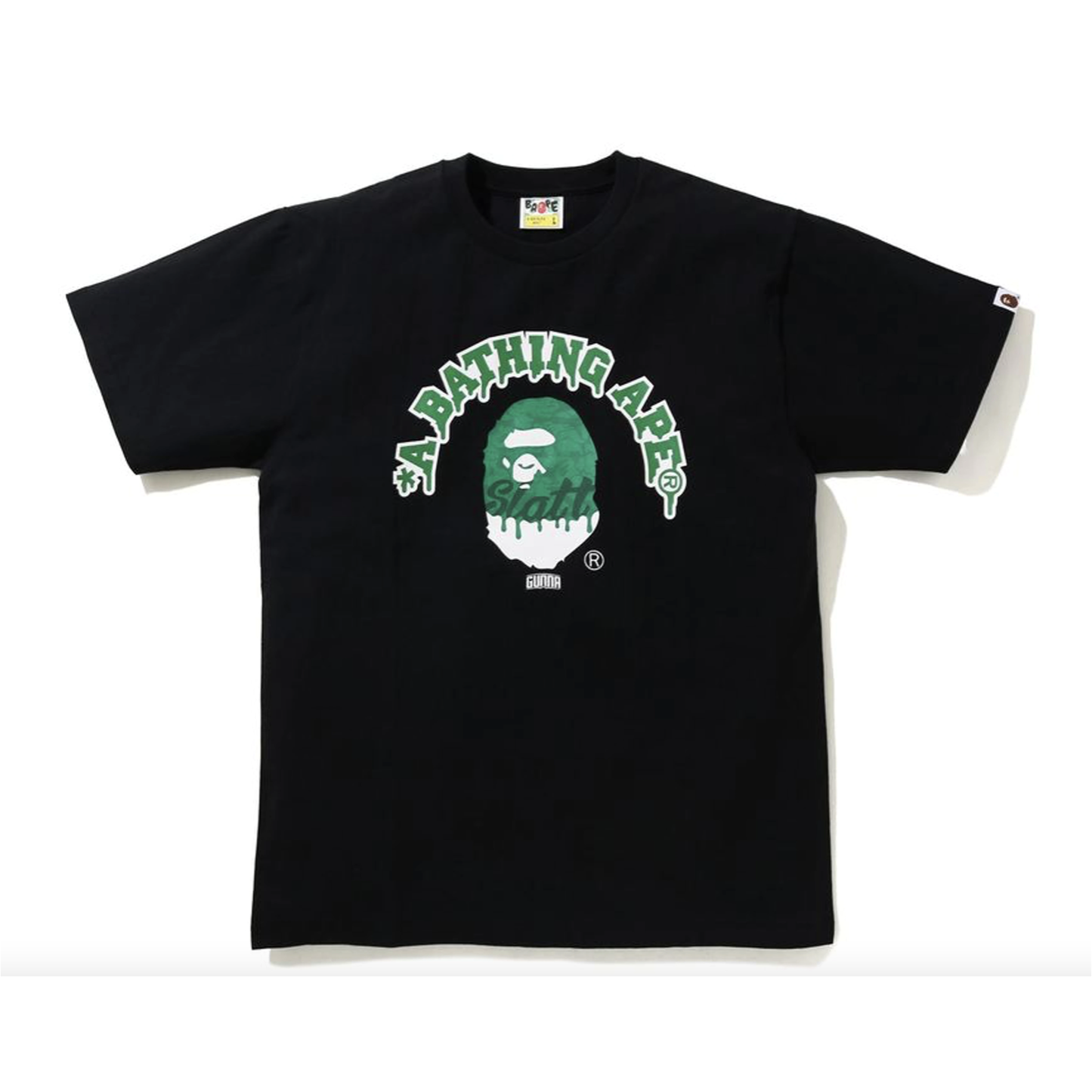 Black and green BAPE x GUNNA Tee showcasing collaboration logo and design