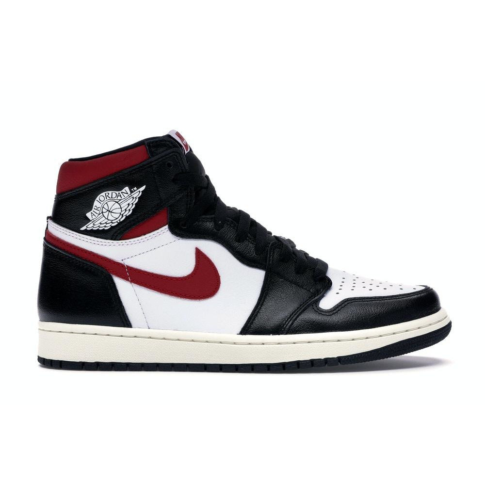 Black and red Jordan 1 Retro High sneakers with iconic Nike branding