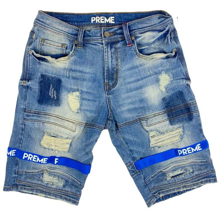 Indigo shorts with blue Preme strap, comfortable and stylish activewear