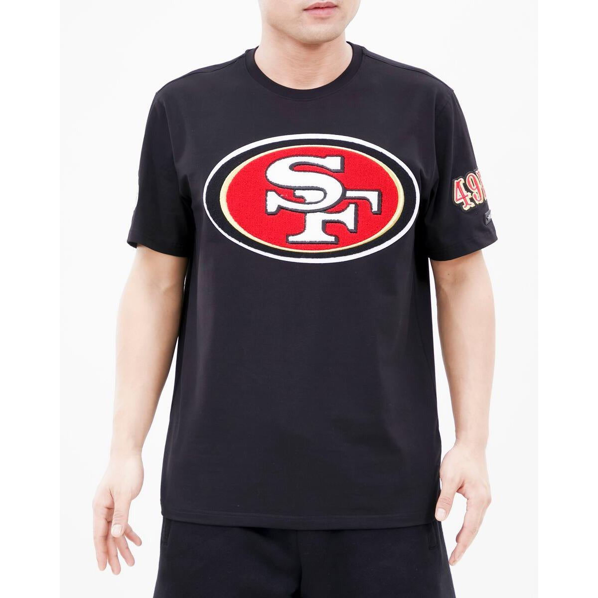 A black Pro Standard San Francisco 49ers Mash Up Logo Pro Team Shirt featuring the team's iconic logo