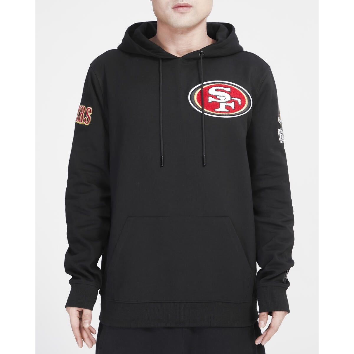 Pro Standard San Francisco 49ers Classic Chenille DK PO Hoodie - Black (FS45410176-BLK) hoodie front view, black with 49ers logo and chenille embroidery