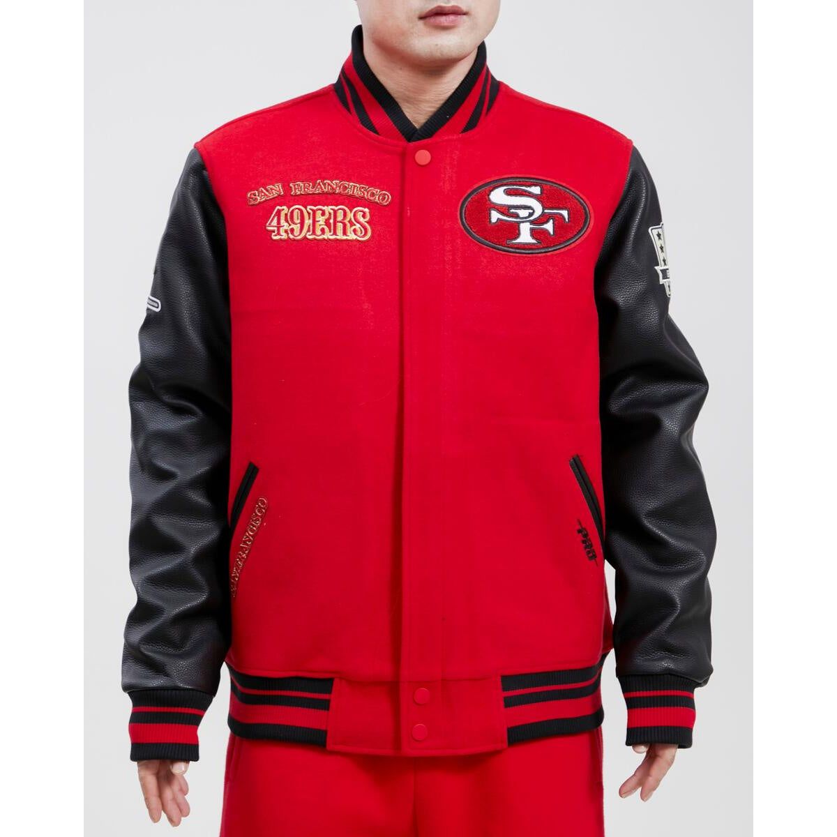 Vintage-inspired Pro Standard San Francisco 49ers Varsity Jacket in red and black colorway, perfect for sports fans and fashion enthusiasts alike