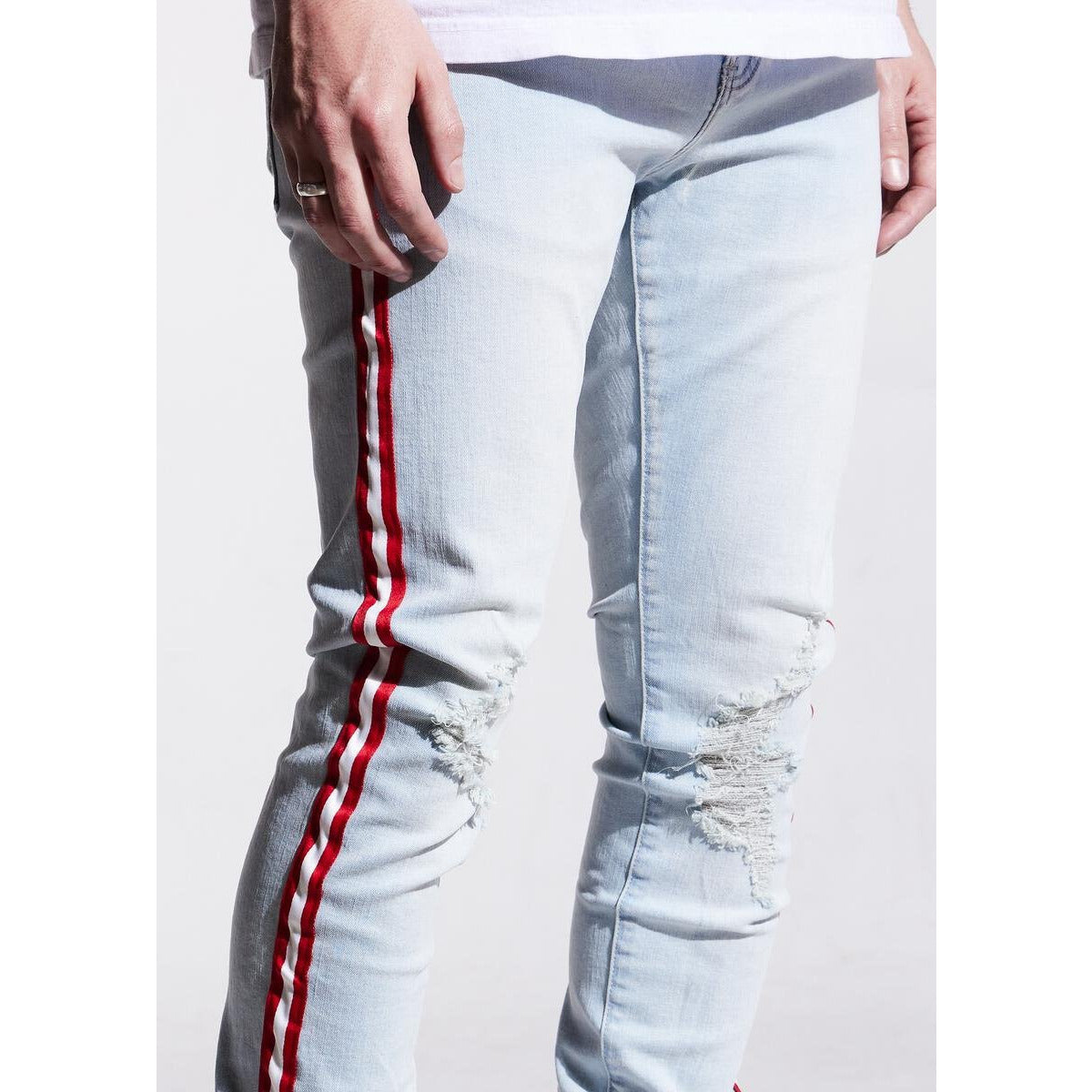 Karter Collection Light Blue Denim with Red Stripe jeans (model number KRTR-KD1100) featuring a stylish and trendy design