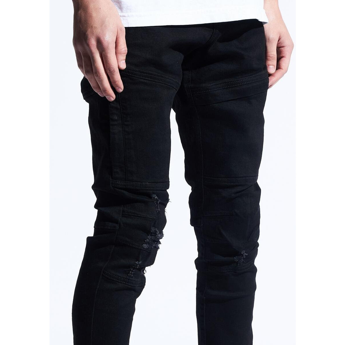 Front view of Crysp Denim Kurt 20 Black Jeans with distressed tears, style CRYSPQS-103