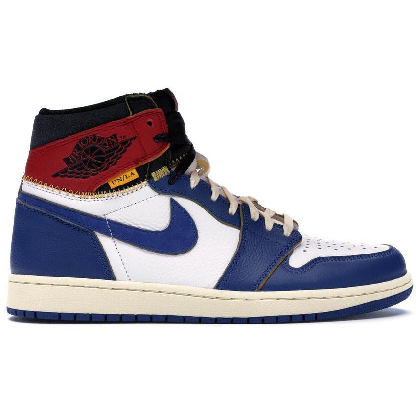 Close-up of the iconic Jordan 1 Retro High Union Los Angeles - Blue Toe sneaker showcasing its blue and white colorway and signature design details