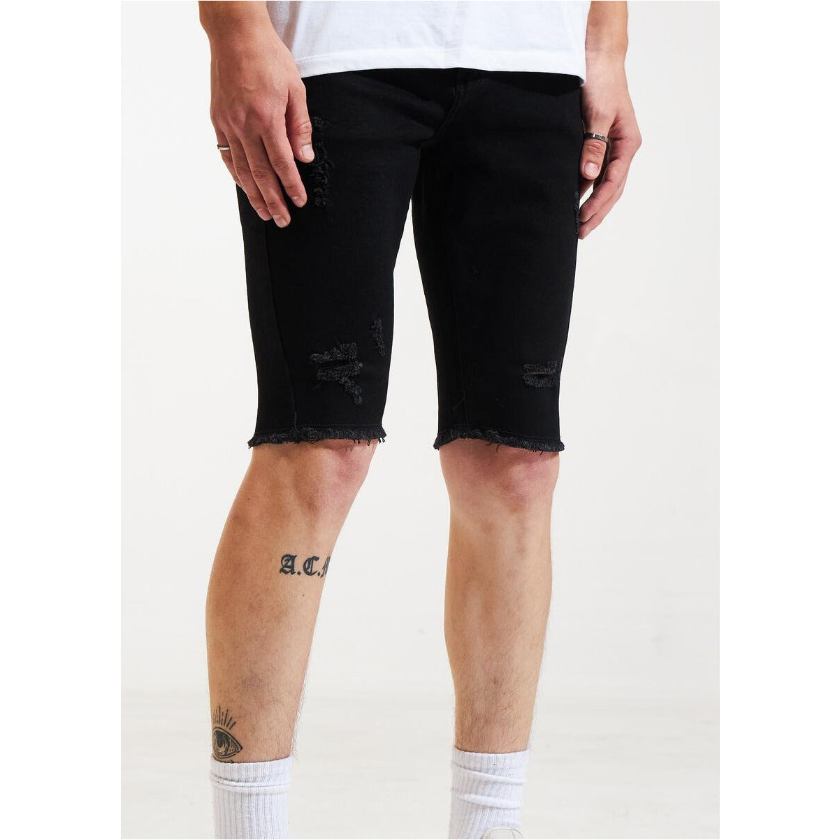 Karter Collection Leon Black Denim Shorts (KARPK-308) with distressed detailing and frayed hem
