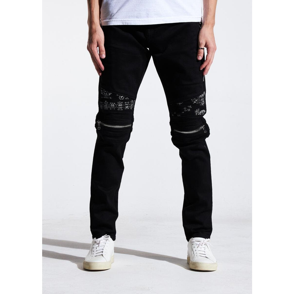 Embellish Black Paisley Sunny Biker Denim Jeans (EMBSP121-121) featuring intricate paisley design on black denim