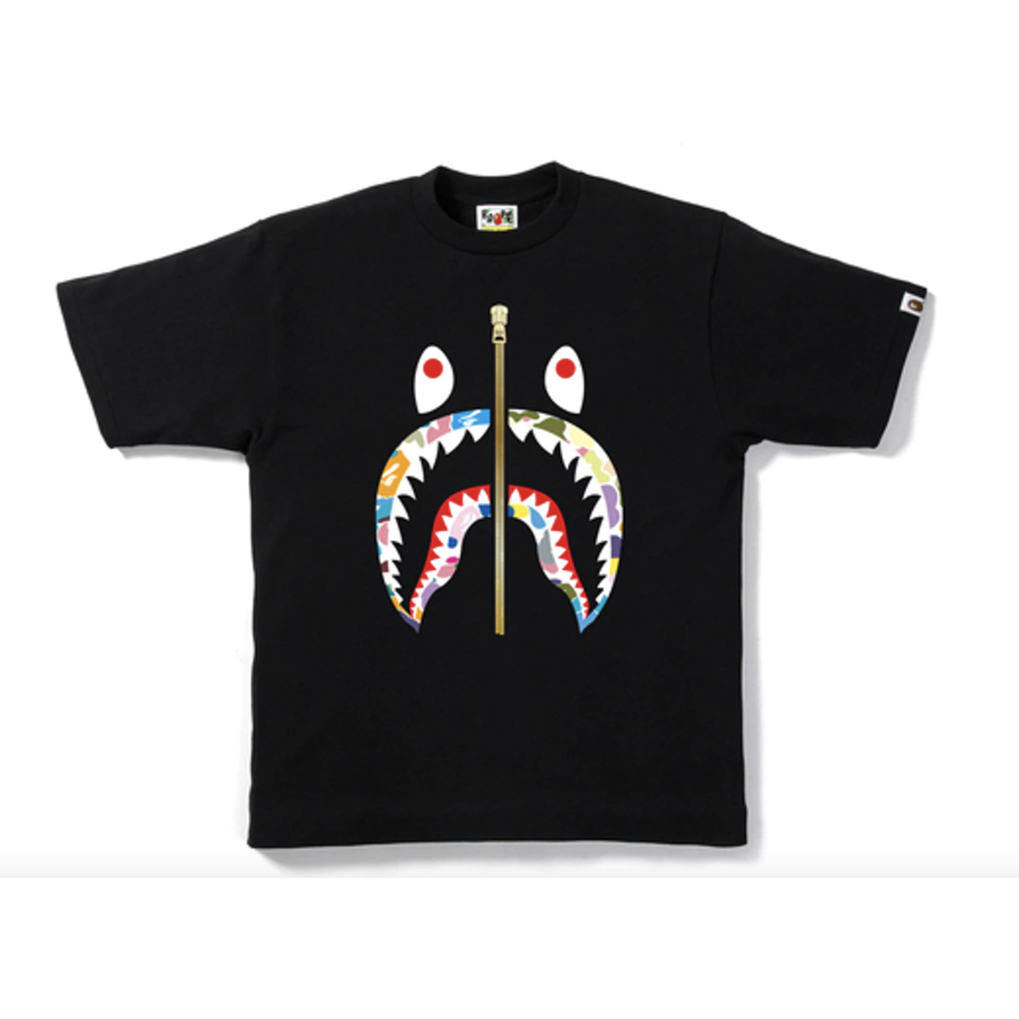 Alt text: Black and gold BAPE Multi Camo Shark Mouth Tee with zipper detail, featuring a unique camouflage pattern and iconic shark mouth design