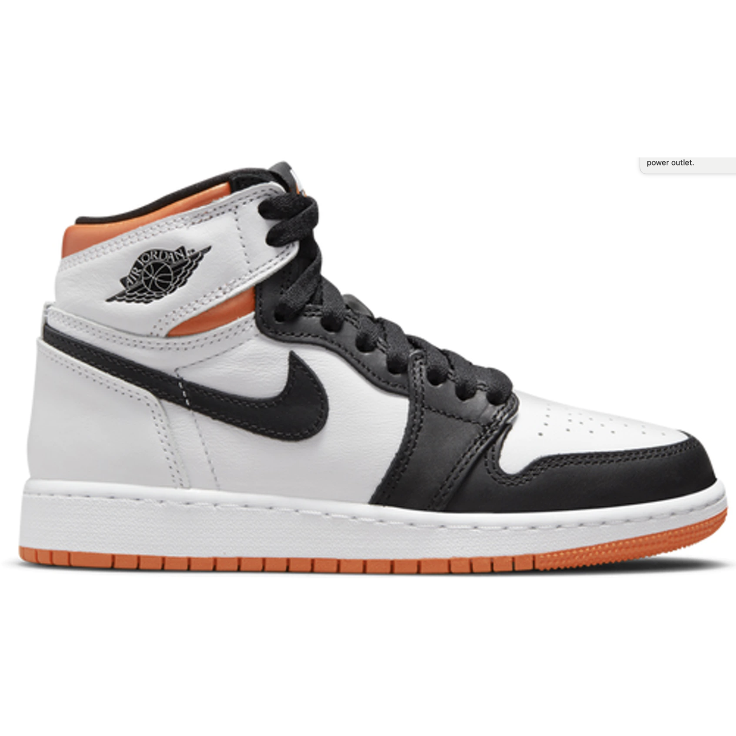 Close-up of the iconic Jordan 1 High OG sneaker in Electro Orange colorway, perfect for kids and teens, available in various sizes