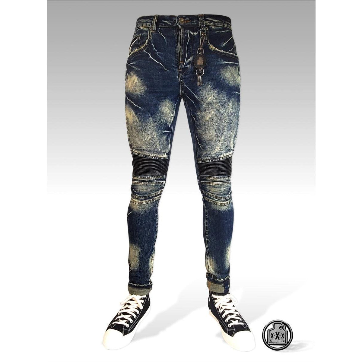 Smuggler's Moon San Jose Washed Blue Biker Jeans (SM-WB-5110) - distressed denim with biker detailing and a vintage-inspired, washed blue hue