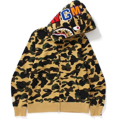 Yellow BAPE 1st Camo Shark Full Zip Hoodie with iconic shark design and comfortable hood