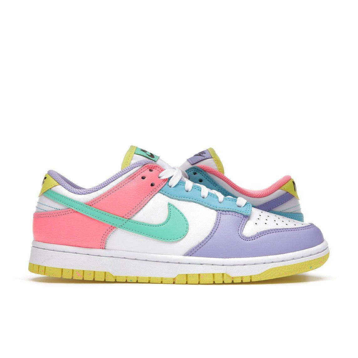 Close-up image of Nike Dunk Low SE Easter Candy women's sneakers in vibrant pastel colors