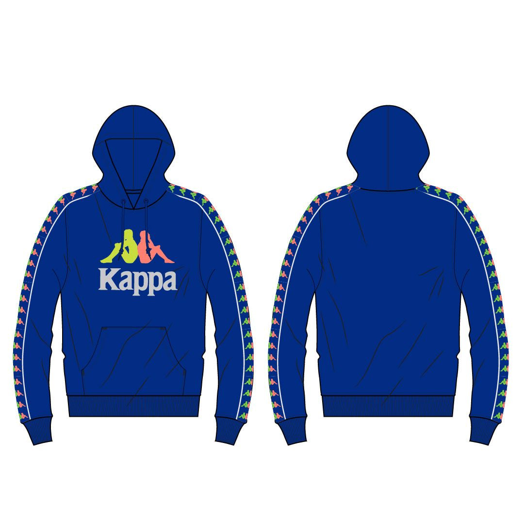 Blue and green KIDS Kappa 222 Banda Dunnie hoodie with front pockets and signature logo