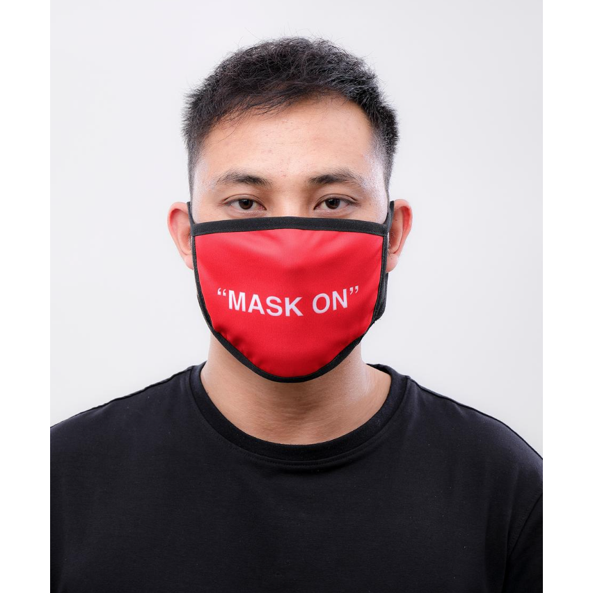 Red Hudson 'Mask On' face mask featuring adjustable straps and breathable fabric