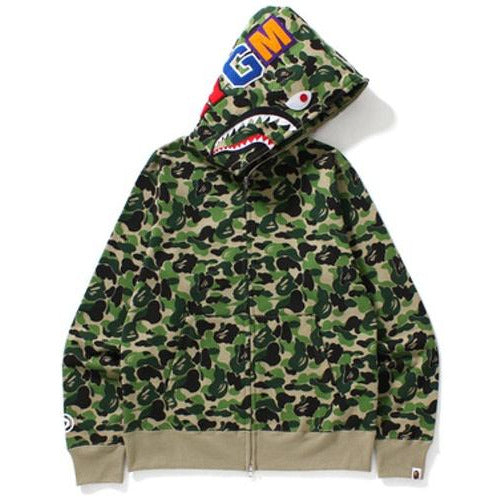 Green BAPE ABC Shark Full Zip Hoodie with iconic shark face design, comfortable cotton fabric, and stylish zip-up design for men