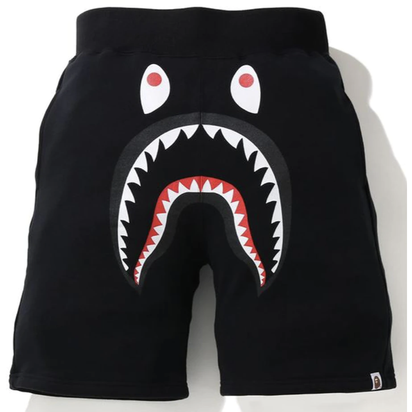 Black BAPE Shark Sweat Shorts with iconic shark face design in front