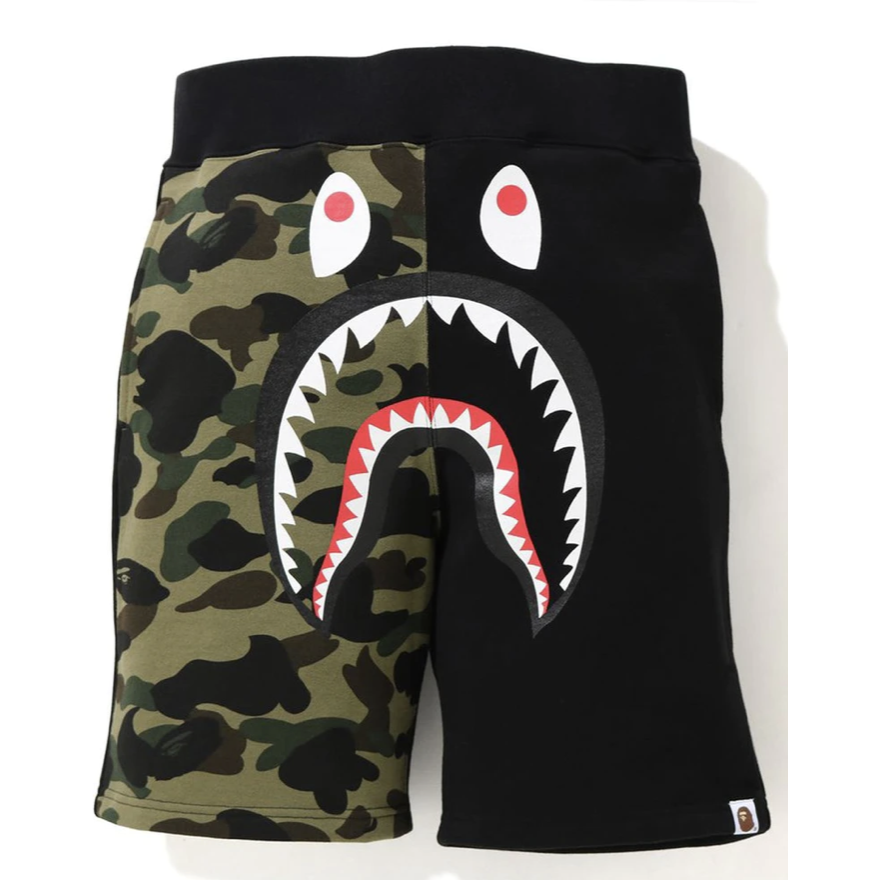 High-quality Bape Shark Sweat Shorts in SS21 Green Camo / Black colorway