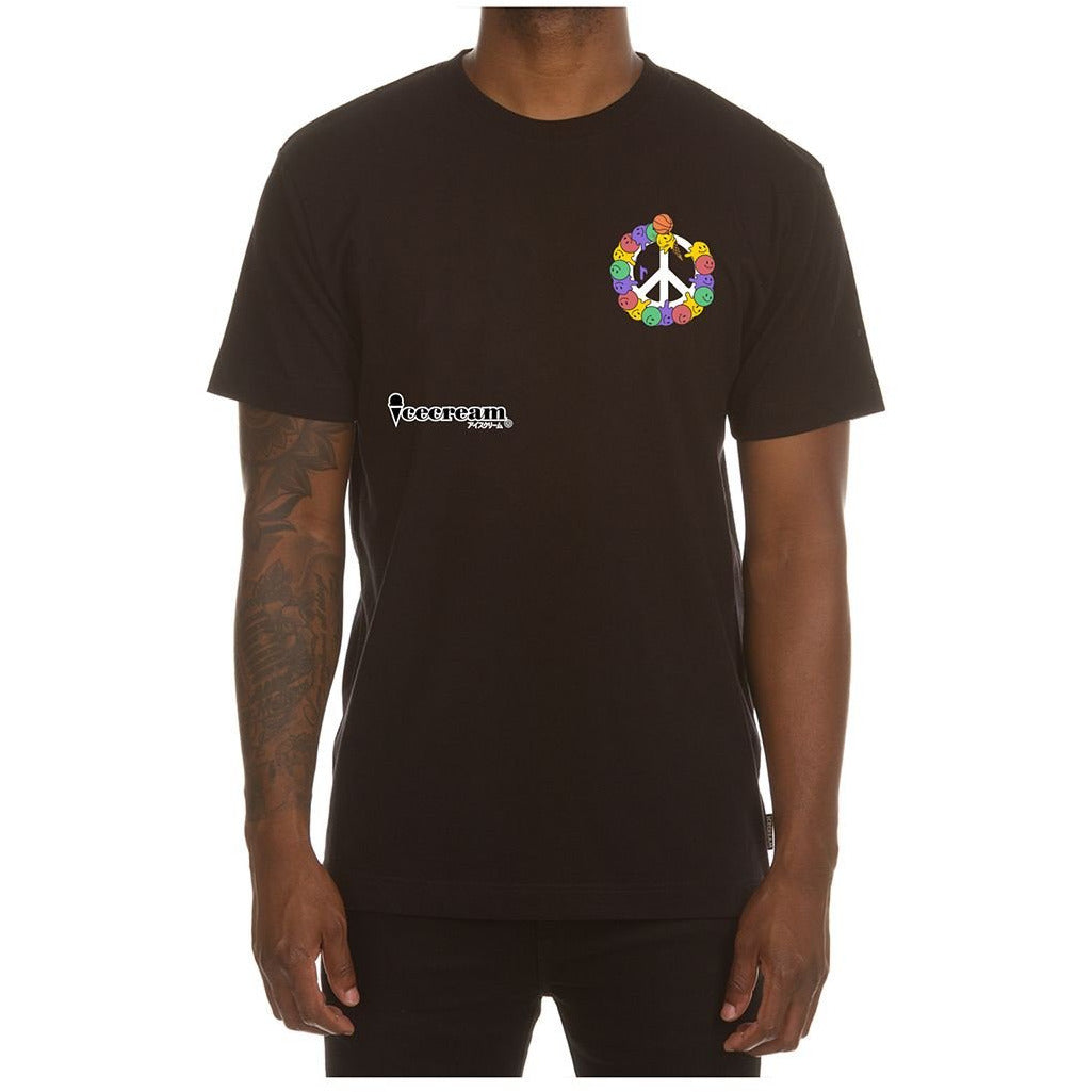 Black short sleeve tee with 'Ice Cream Peace' graphic design (411-3210) on front