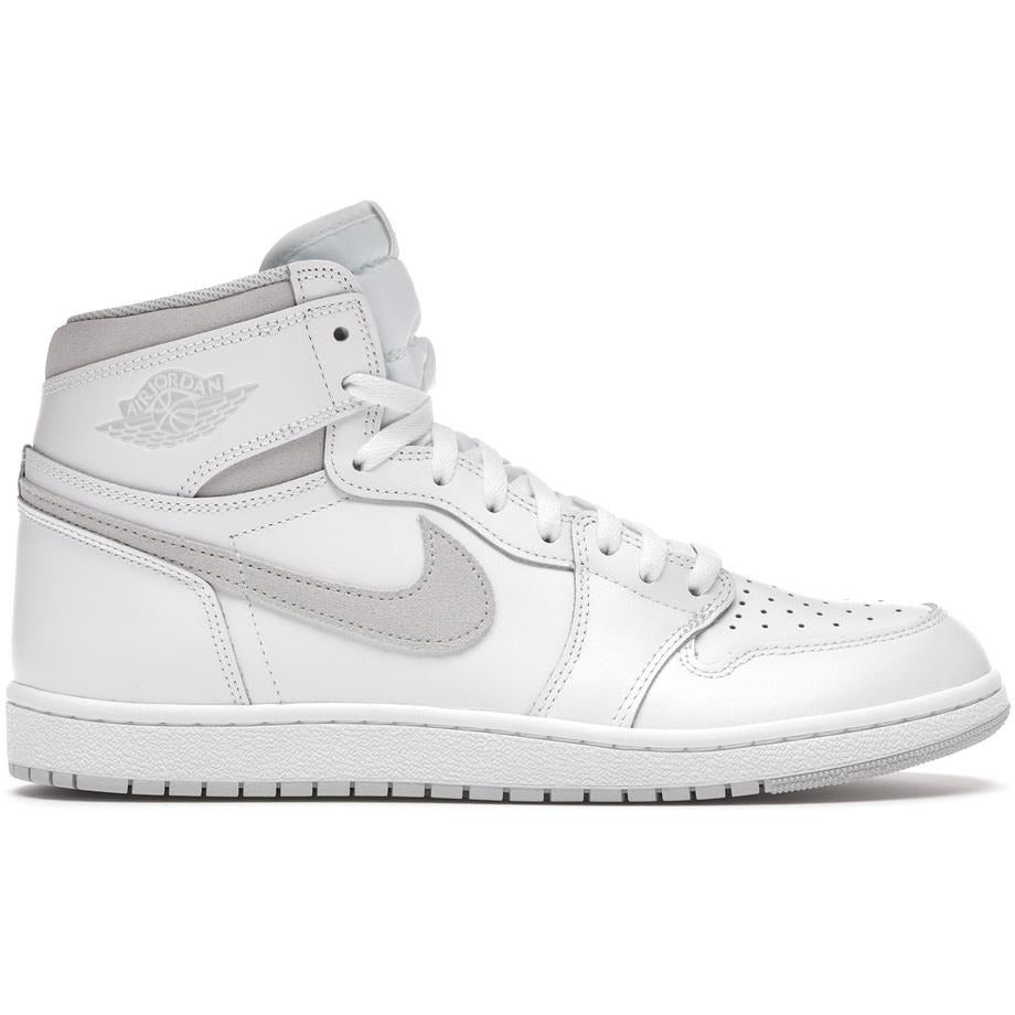 Close-up image of the Jordan 1 Retro High - 85 Neutral Grey sneakers, featuring the iconic grey and white colorway with the classic Nike swoosh logo on the side