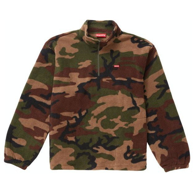 Supreme Polartec Half Zip Pullover in Woodland Camo, a cozy and stylish pullover with a camouflage print perfect for outdoor adventures and casual wear