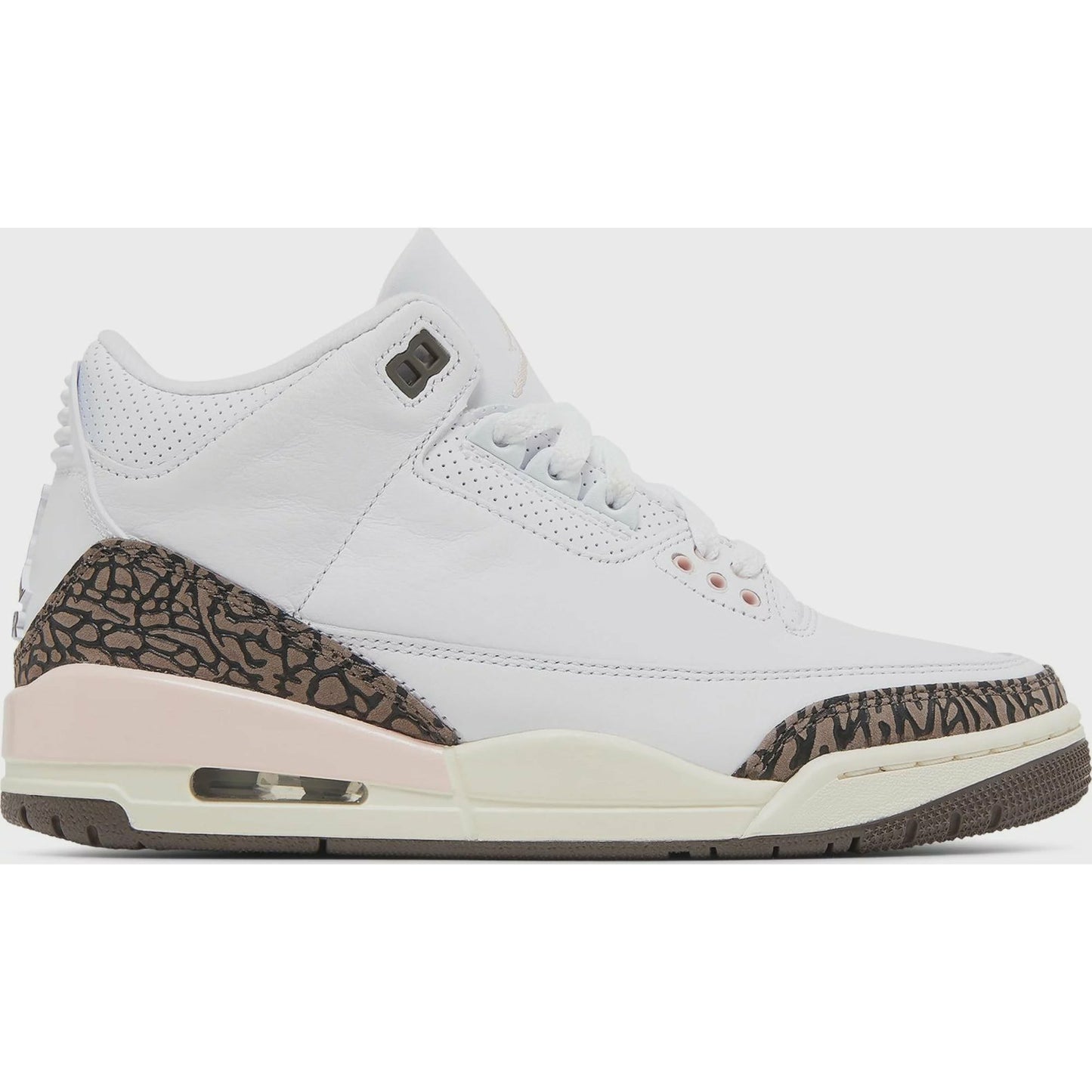 A detailed image of the Jordan 3 Retro - Neapolitan Dark Mocha (W) sneaker, showcasing its chocolate brown, pink, and white colorway and iconic Air Jordan branding