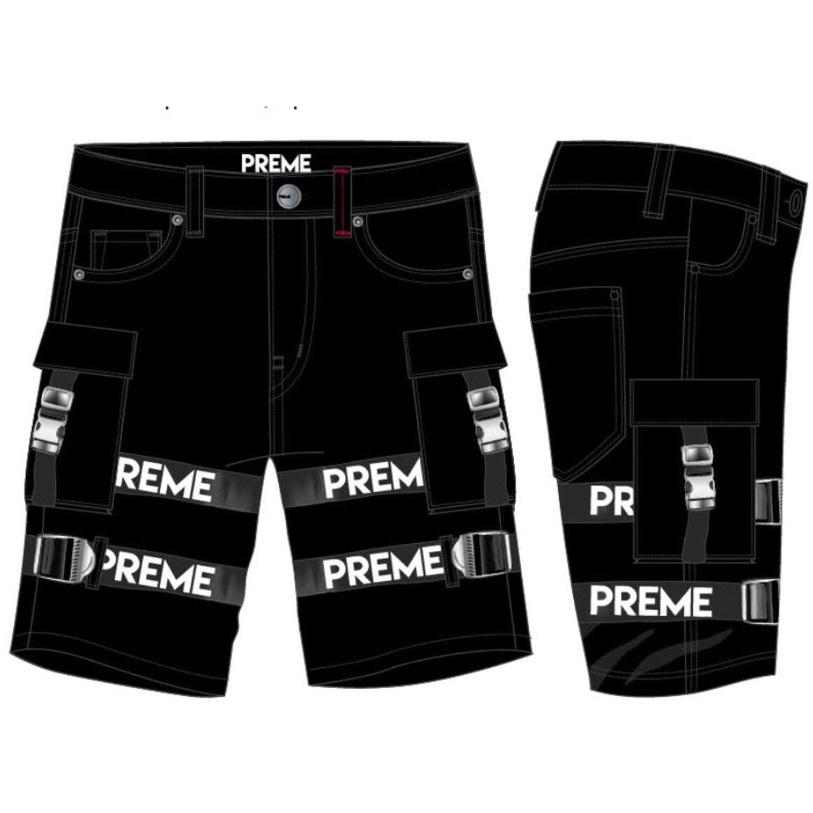 Preme Cargo Shorts with Preme Strap - Black side view showing the utility pockets and durable fabric for everyday wear