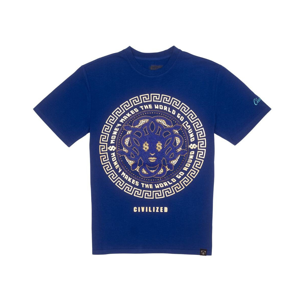 Royal blue tee with a stylish illustration of Moneydusa, the ancient Greek mythological figure holding dollar bills, from the Civilized brand collection