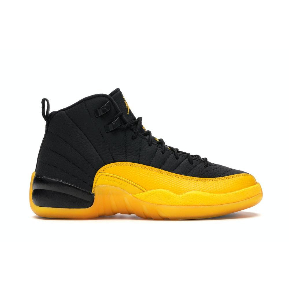 Black and University Gold Jordan 12 Retro sneaker for kids