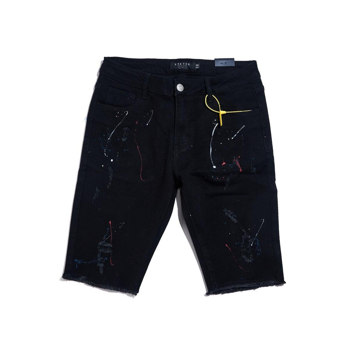 Men's Karter Collection Denver Black Denim Shorts with Paint Splatter, product code KARPK-408, featuring stylish distressed detailing and comfortable fit