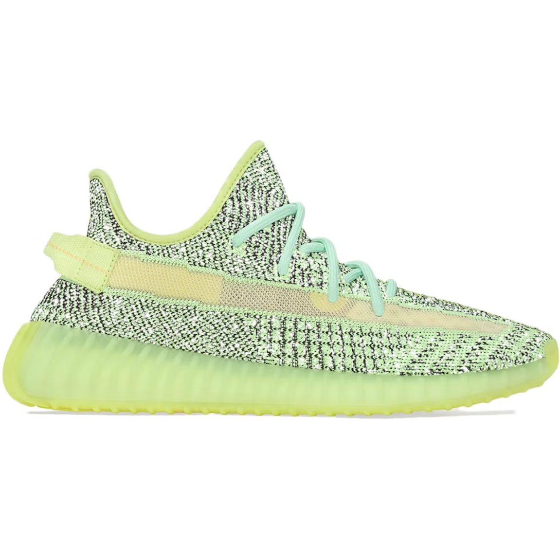 The Adidas Yeezy Boost 350 V2 Yeezreel Reflective sneaker in a vibrant and eye-catching green colorway, featuring reflective detailing