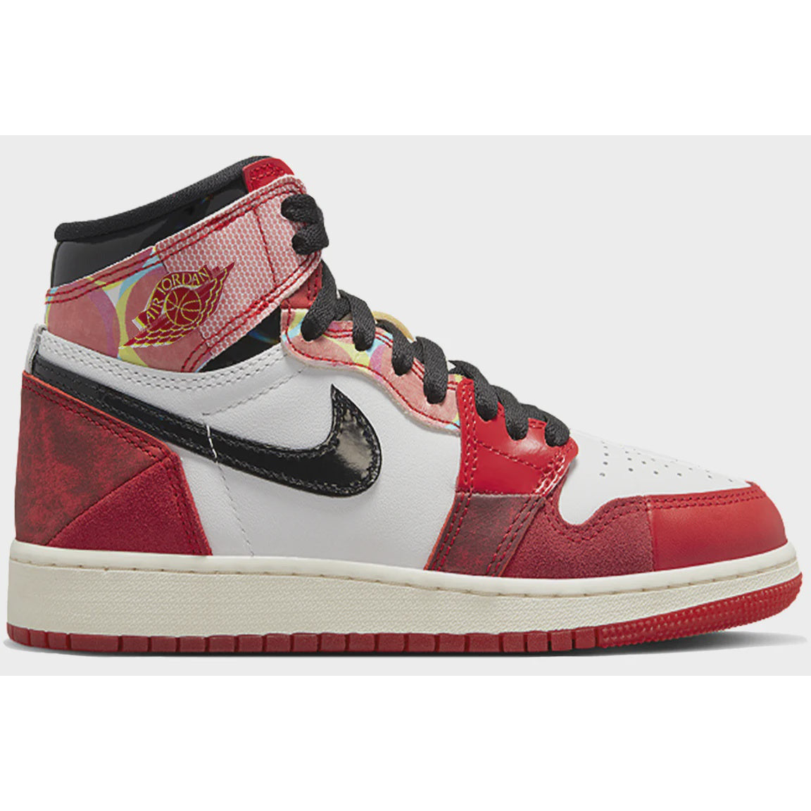 Close-up of Jordan 1 High OG Spider-Man Across The Spider-Verse sneakers in red and black colorway with white sole and spider web accents for kids
