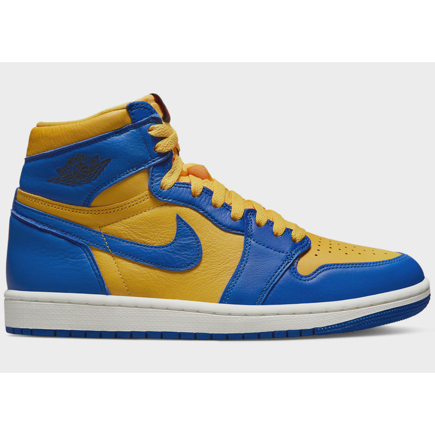 Close-up image of the Jordan 1 Retro High OG - Reverse Laney (W) (FD2596-700) women's sneaker in vibrant yellow, blue, and white colorway, showcasing the iconic Nike Swoosh and premium leather construction