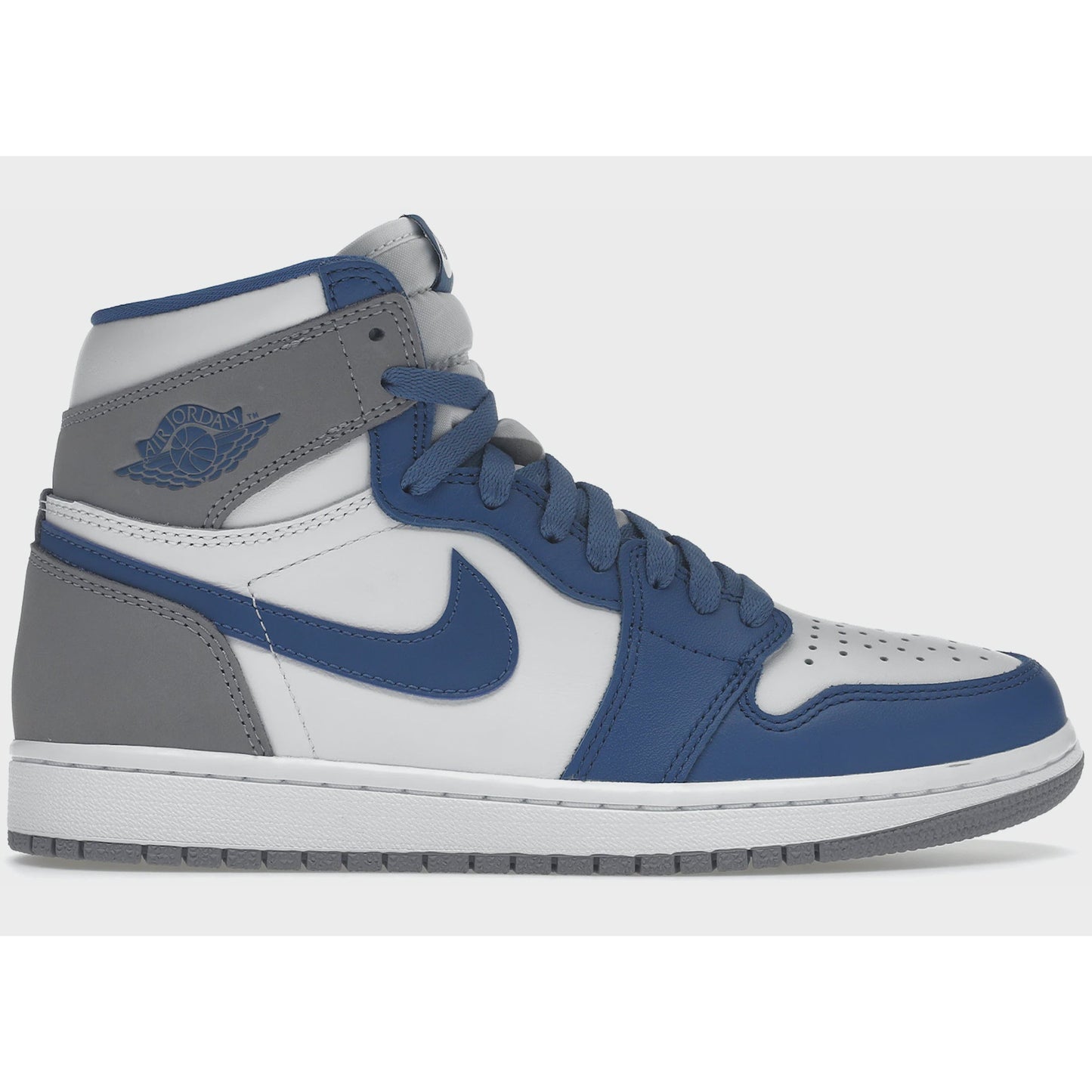 Close-up view of the Jordan 1 Retro High OG True Blue sneakers in the iconic colorway DZ5485-410, featuring the classic Air Jordan logo on the side