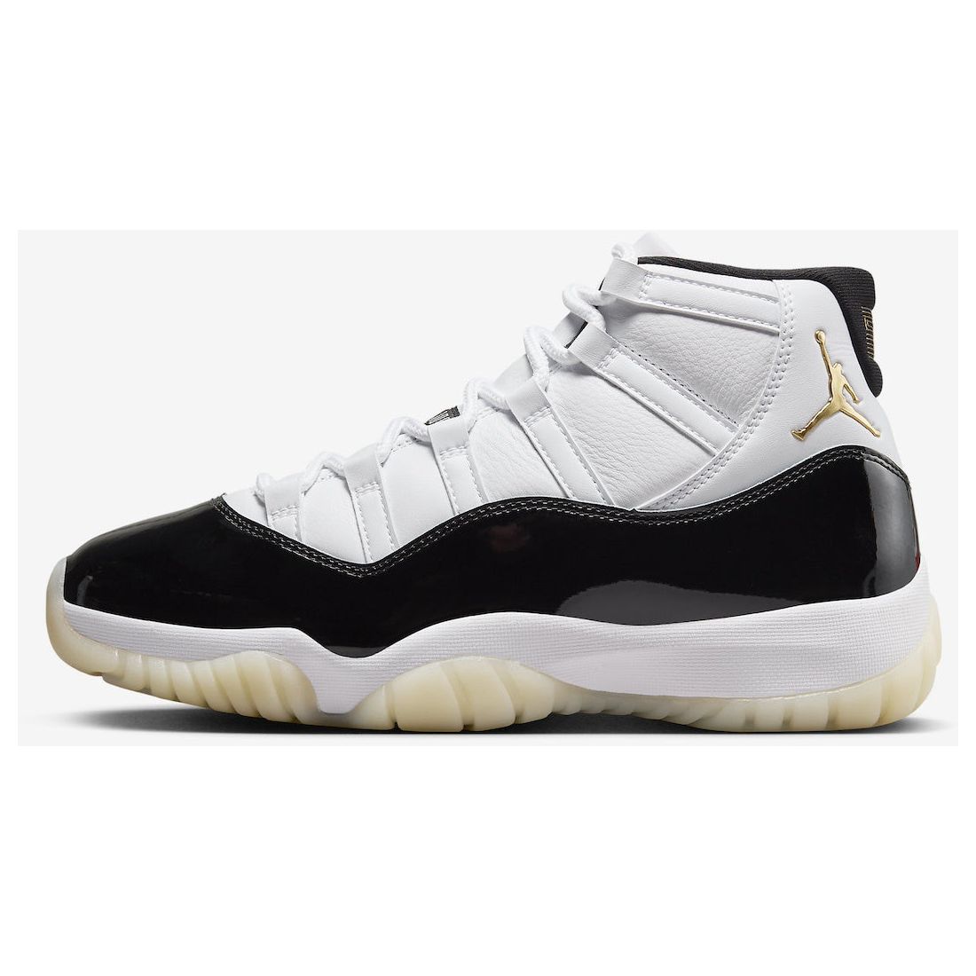 High-quality image of the Jordan 11 Retro - DMP Gratitude (CT8012-170) basketball shoes in white, black, and metallic gold colorway, showcasing the iconic design and premium craftsmanship