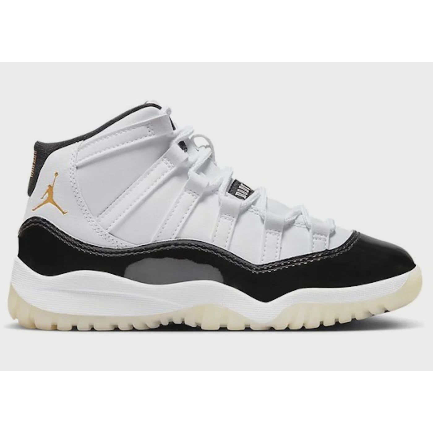 High-top black and white Jordan 11 Retro sneakers with red detailing, the DMP Gratitude (PS) edition, style number 378039-170, perfect for young kids