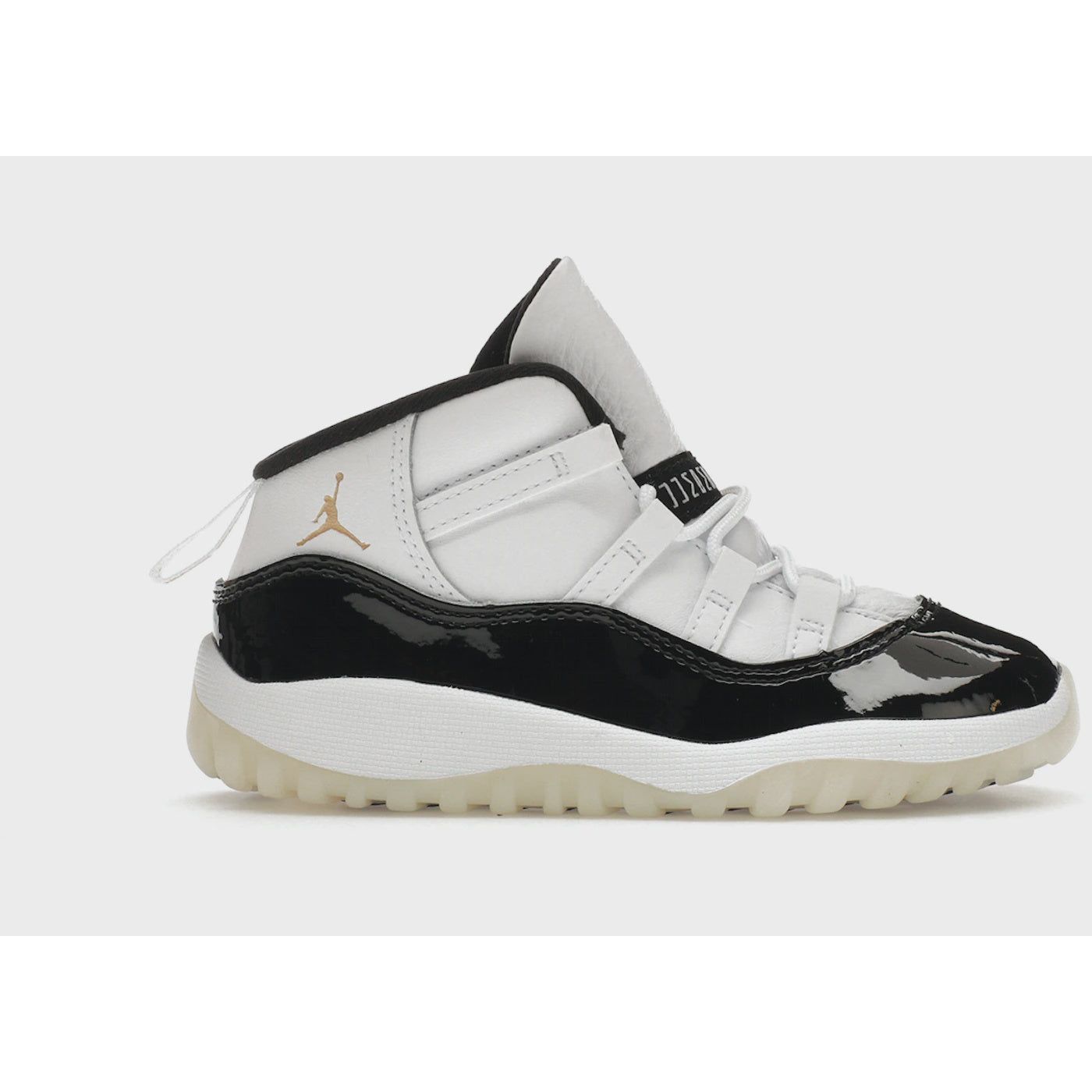Jordan 11 Retro - DMP Gratitude (TD) (378040-170) in white and black colorway with red accents, a stylish and iconic basketball shoe designed for toddlers
