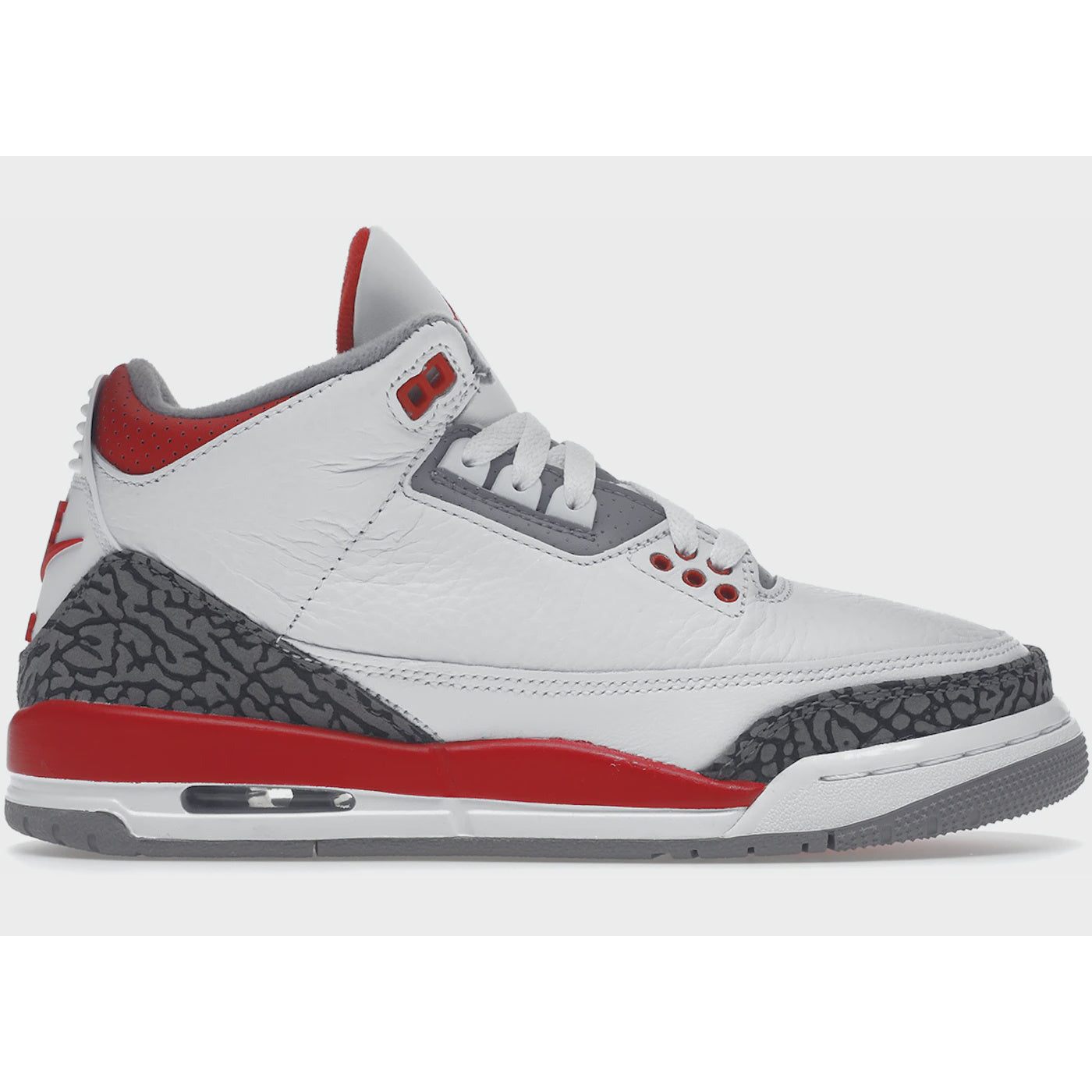 A close-up image of the Jordan 3 Retro - Fire Red (GS) sneakers, showcasing the classic design and vibrant red colorway