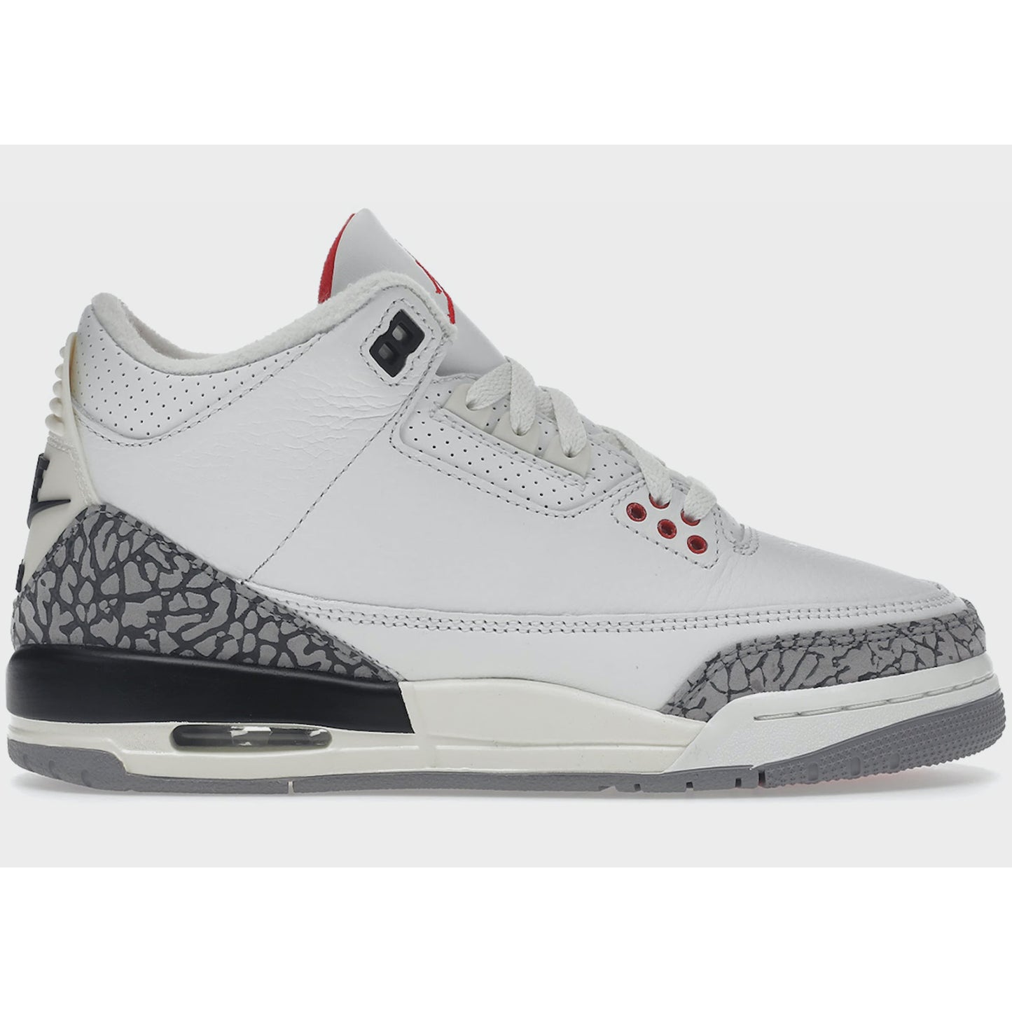 Close-up image of the Jordan 3 Retro White Cement Reimagined (GS) (DM0967-100) sneakers, featuring a classic white and grey colorway with iconic cement print detailing