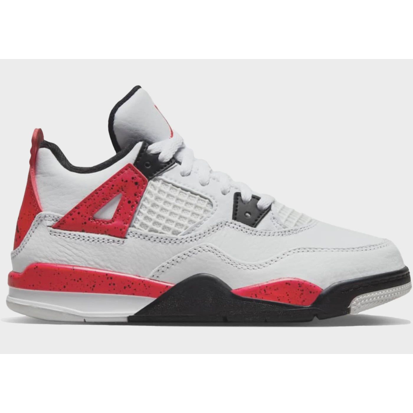 Red and white Jordan 4 Retro sneakers with cement pattern, PS size