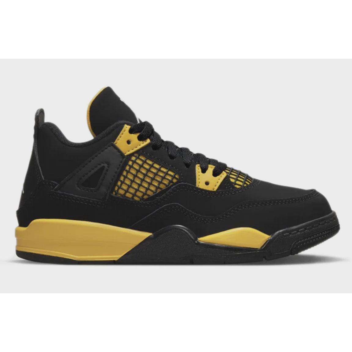 Black and yellow Jordan 4 Retro Thunder sneakers for kids, style code BQ7669-017, released in 2023