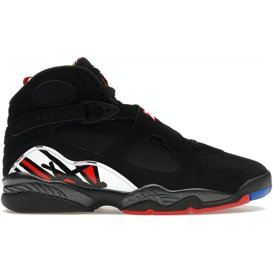 Black and red Jordan 8 Retro sneakers, known as 'Playoffs (2023)', style number 305381-062, featuring a high-top design and iconic Jumpman logo