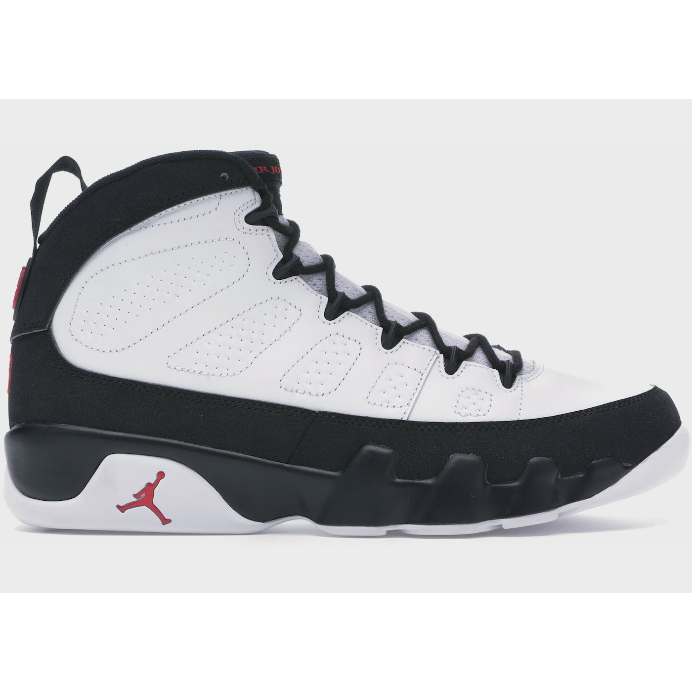 White and red Jordan 9 Retro OG (2016) sneakers, style number 302370-112, on a white background with the Jumpman logo on the heel