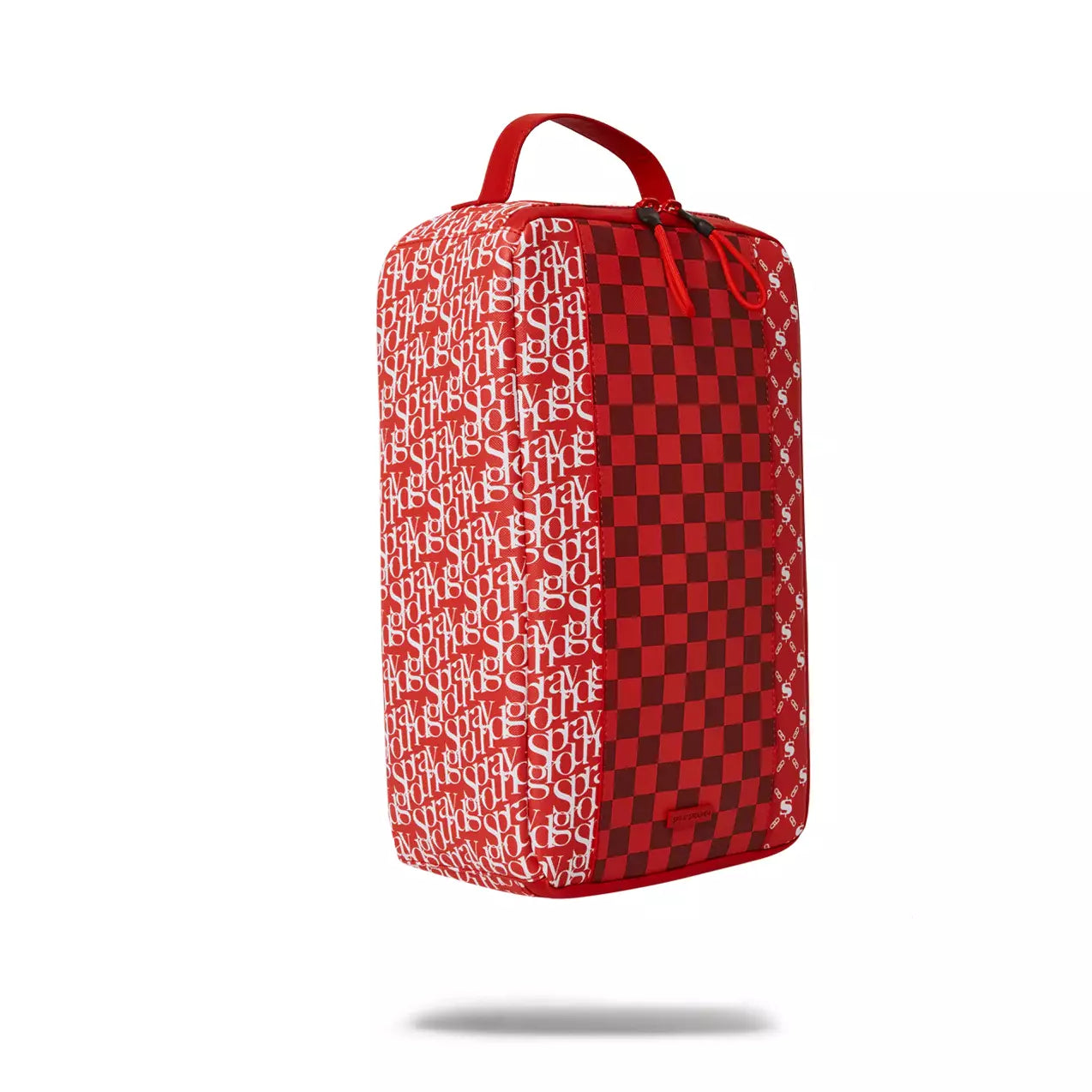Front view of the red sneaker bag with Sprayground logo and zipper details