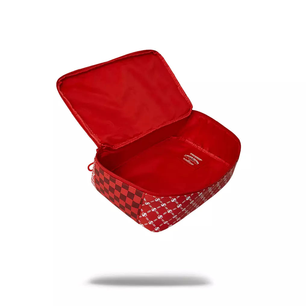 Spacious and trendy red sneaker bag with unique tri-split design and logo detailing