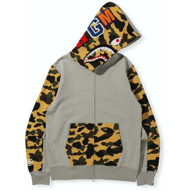 Gray BAPE 1st Camo Shark Full Zip Hoodie from FW21 collection, featuring iconic shark design and comfortable fit