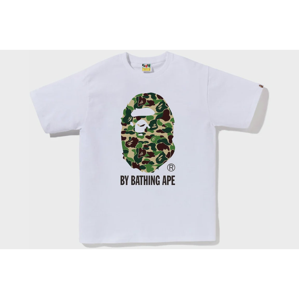 A white and green BAPE ABC Camo By Bathing Ape SS23 T-shirt with brand new deadstock condition