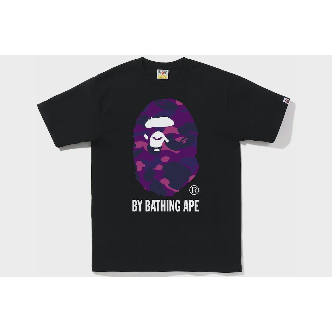 BAPE Color Camo By Bathing Ape Tee in Black and Purple, part of the FW22 collection, featuring iconic streetwear design