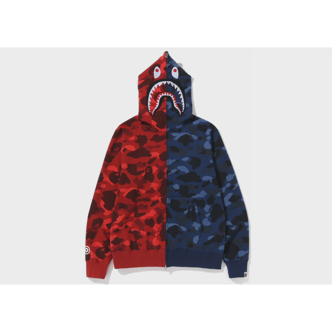 Red and navy BAPE Color Camo Shark Full Zip Hoodie from FW22 collection, featuring iconic shark design and full zip closure